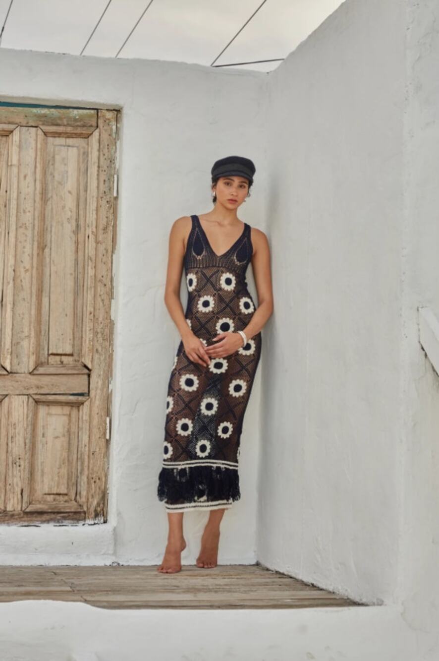 Carolina K Kea Navy Blue Daisy Flower Floral Crochet Maxi Dress Size XS